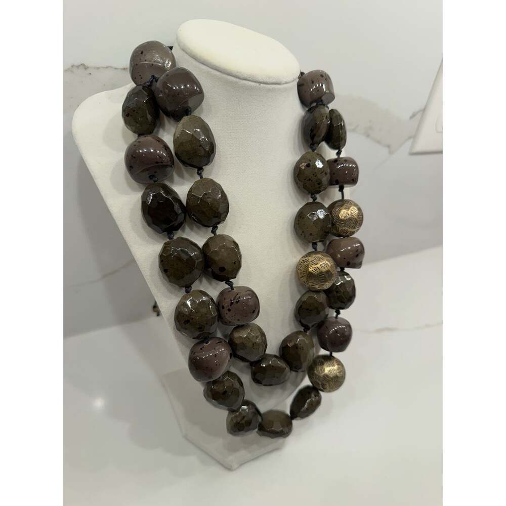 Chico’s Chunky Double Strand Beaded Statement Necklace Brown Gold Boho - Picture 3 of 10